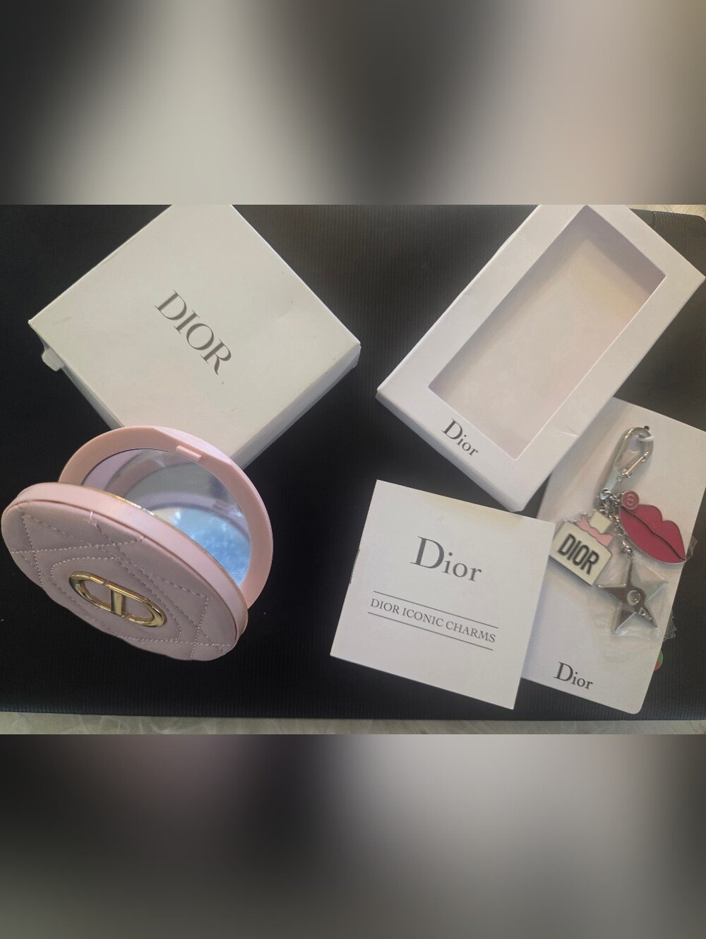 Dior Pink Quilted Leather Compact with Lip, Star & Dior Bag Charm Keychain